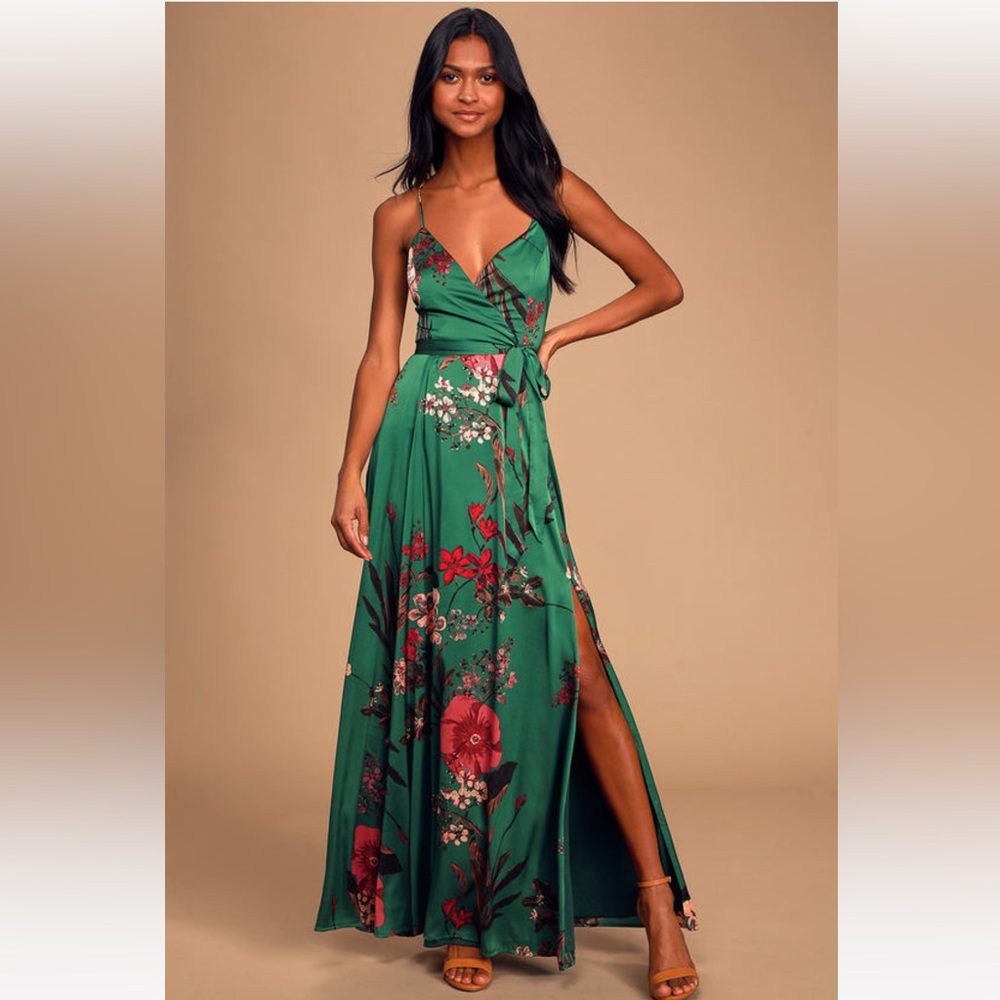 Lulus- Still the One Emerald Green Floral Print Satin Maxi Dress